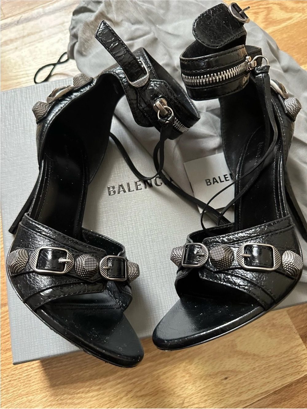Balenciaga Black Leather Buckle & Zipper Ankle-Strap Sandals